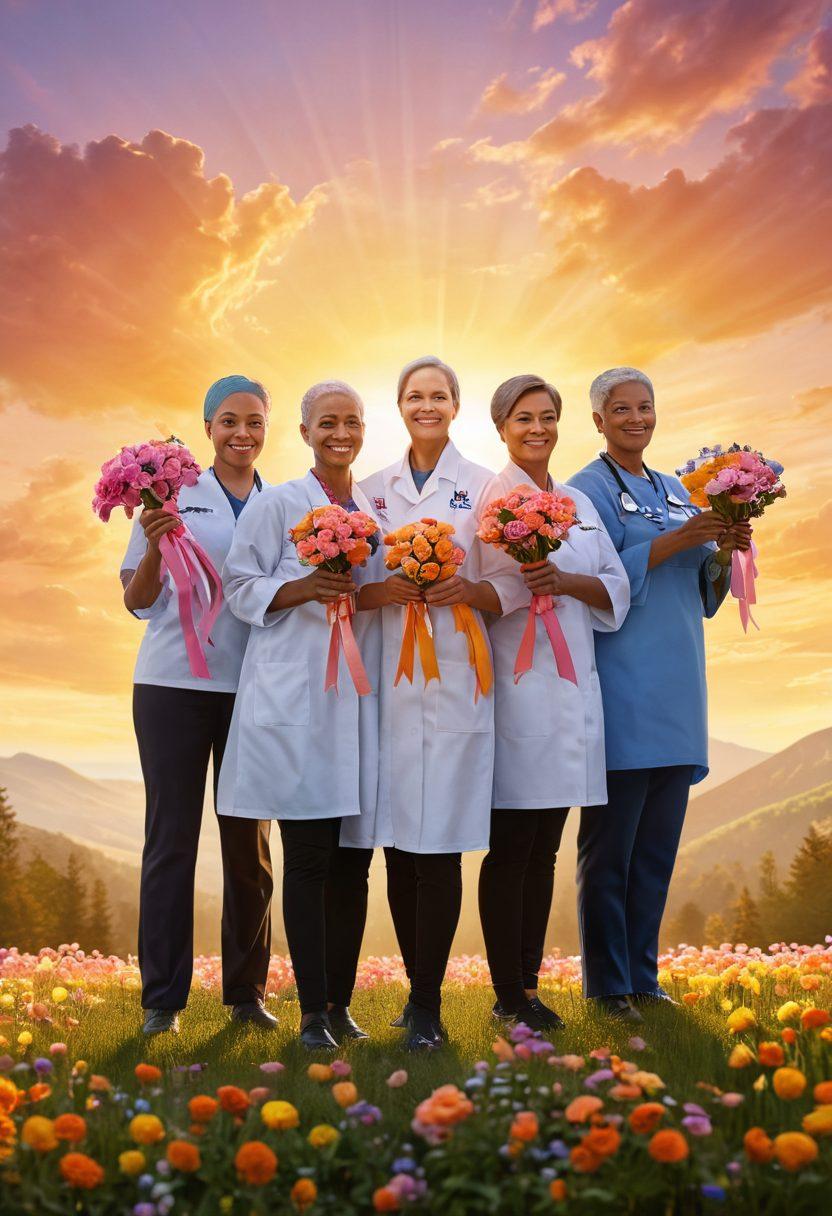 A strong, diverse group of cancer survivors standing together, each holding symbols of hope like flowers and ribbons, set against a warm sunrise that symbolizes new beginnings. In the background, gentle elements like supportive healthcare professionals and serene nature elements evoke wellness and holistic support. Bright, uplifting colors enhance the message of empowerment and unity. vibrant colors. inspirational. super-realistic.