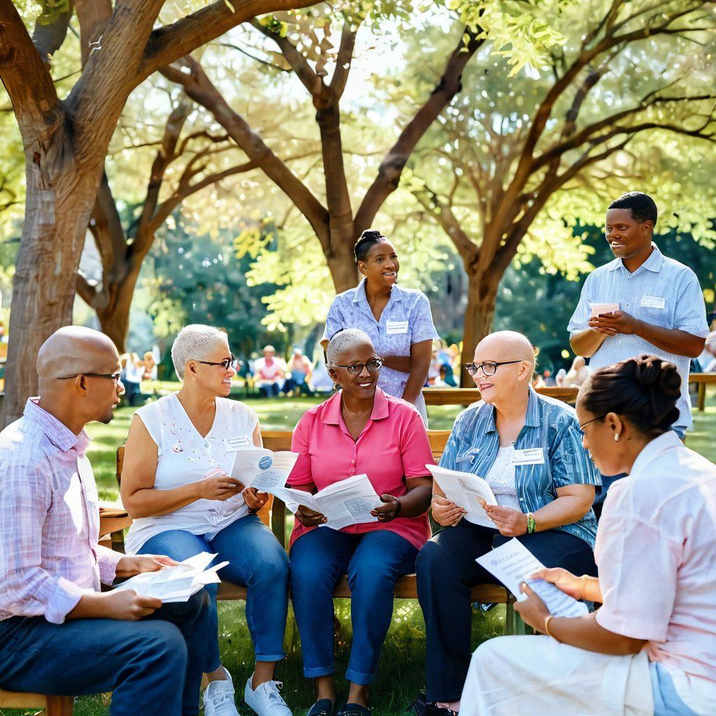 A diverse group of cancer survivors and advocates gathered in a serene park, sharing stories and knowledge. Soft sunlight filters through trees, illuminating their hopeful expressions. Include supportive signs and pamphlets in the background emphasizing community and empowerment. The atmosphere is warm and inviting, capturing a sense of unity and strength. watercolor painting. vibrant colors. soft focus.