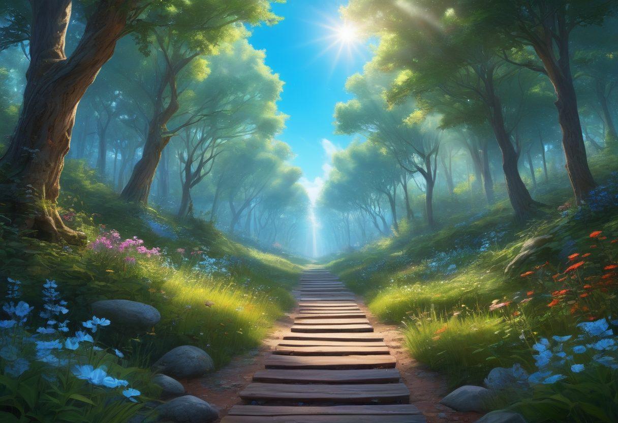 A serene landscape featuring a sunlit forest with walking paths, symbols of healing like crystals and herbal plants scattered along the way. Include diverse individuals practicing yoga and meditation surrounded by uplifting elements like butterflies and blooming flowers. Incorporate a serene blue sky above. vibrant colors. super-realistic.